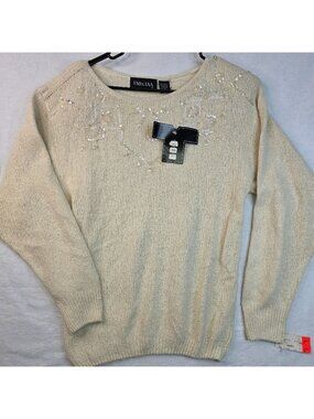 Vintage UNO & UNA Sequined Silk Angora Sweater M Ivory Cottagecore Quiet Luxury